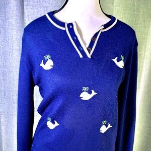 Blue Vintage Isles Preppy Whale Pattern knit top Nautical Sweater